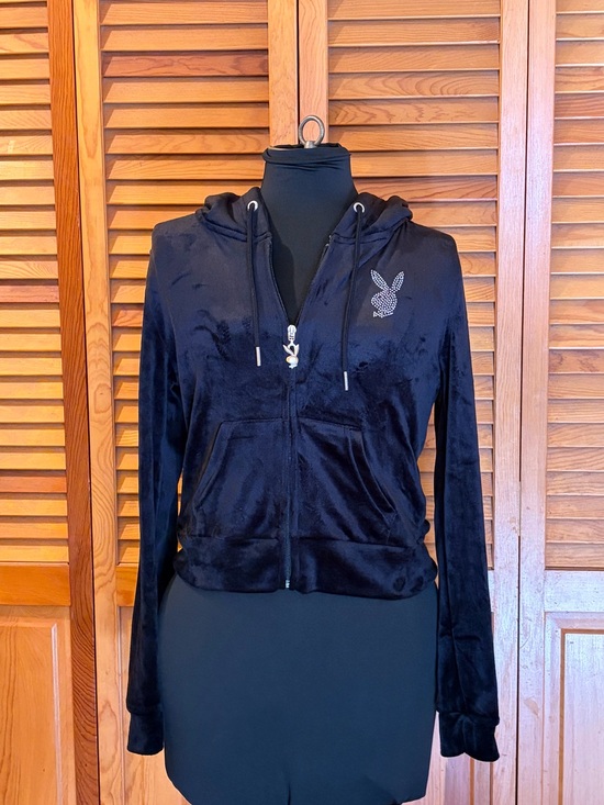 PLAYBOY Tops - NWT Playboy Velour Hoodie Black Women’s S Rhinestone Y2K Full Zip